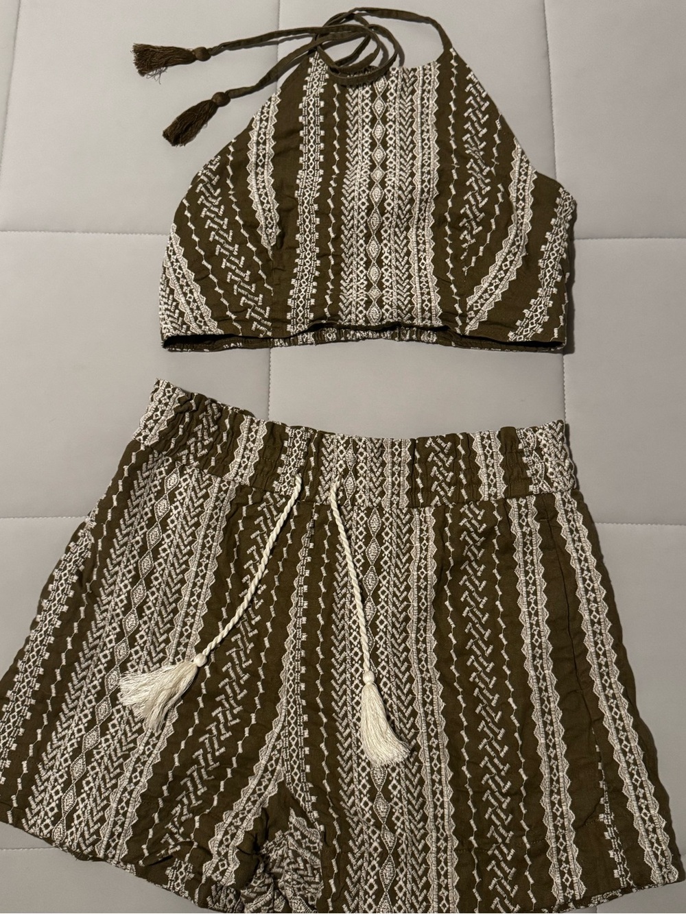 House of Harlow 1960 Olive Green and Cream Smocked Pants
